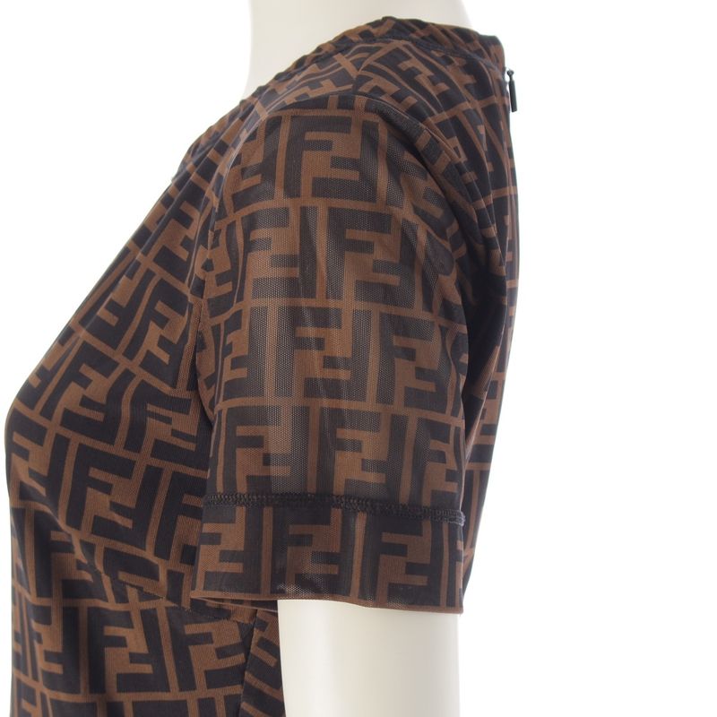 Fendi 19 Nylon Zucca Pattern Short Sleeve Crew Neck Long Dress Brown 38
