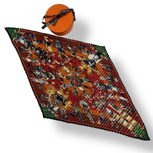 Hermes Scarf Pleated Silk Kachinas Ethnic Red