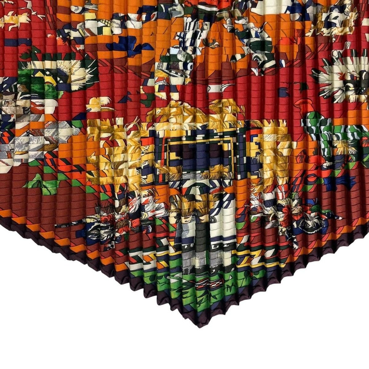 Hermes Scarf Pleated Silk Kachinas Ethnic Red — view 6