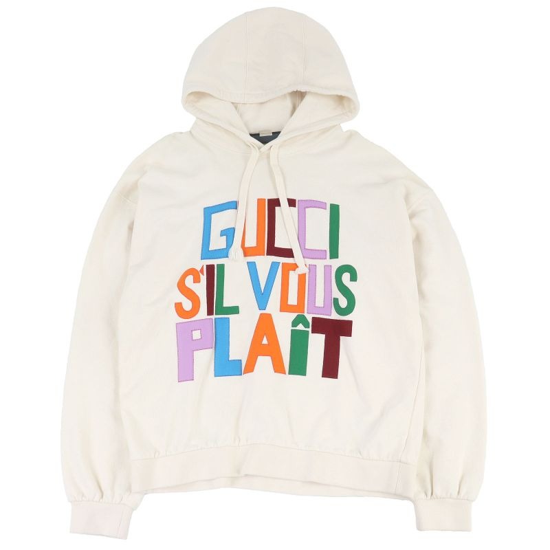 Gucci Patch Felt Cotton Pullover Sweatshirt Hoodie Ivory XS