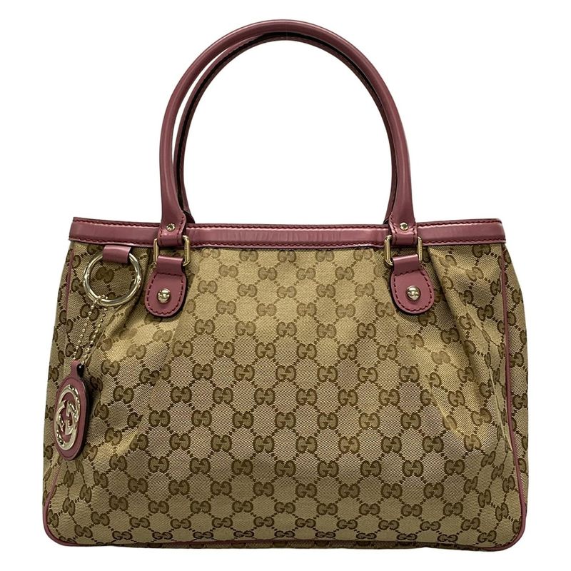 Gucci Tote Bag Sookie GG Pattern 296835 Beige Dark Brown And Pink Leather