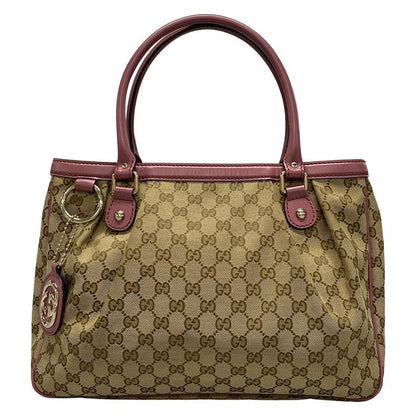 Gucci Tote Bag Sookie GG Pattern 296835 Beige Dark Brown And Pink Leather