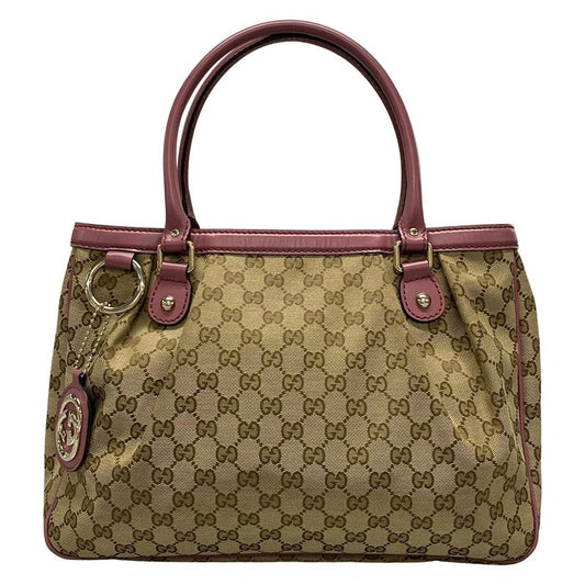 Gucci Tote Bag Sookie GG Pattern 296835 Beige Dark Brown And Pink Leather