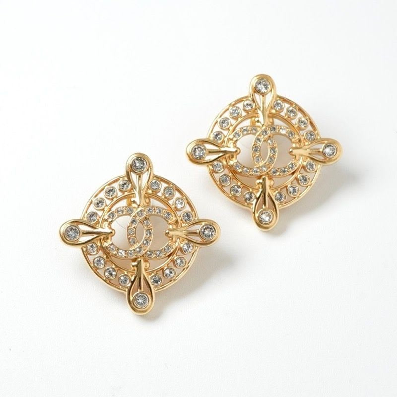 Chanel Earrings Gold Coco Mark Rhinestone