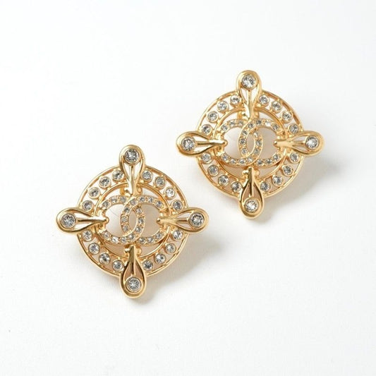 Chanel Earrings Gold Coco Mark Rhinestone