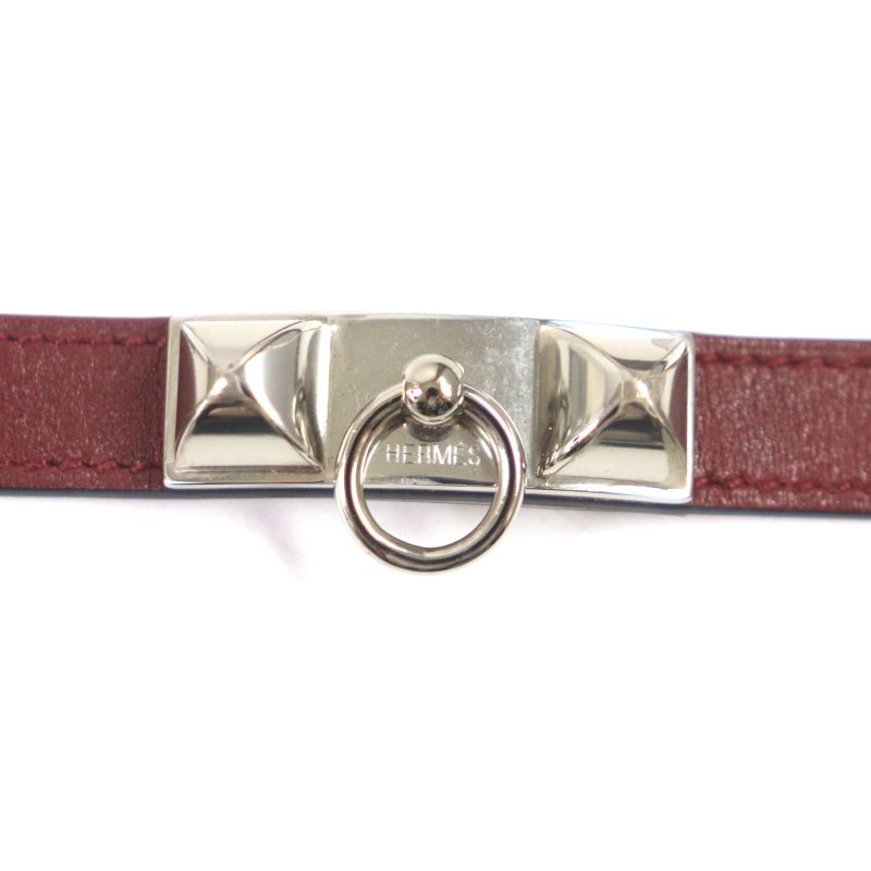  Hermes Collierd Chien Leather Silver Hardware 2strand Bracelet Red Brown S O