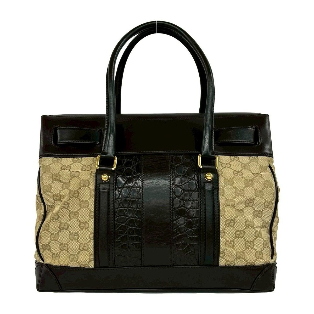 Gucci GG Canvas Croco Embossed Leather Tote Boston Bag Beige Brown — view 3