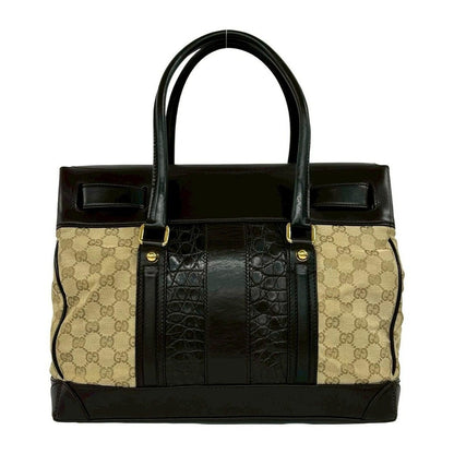 Gucci GG Canvas Croco Embossed Leather Tote Boston Bag Beige Brown — view 3