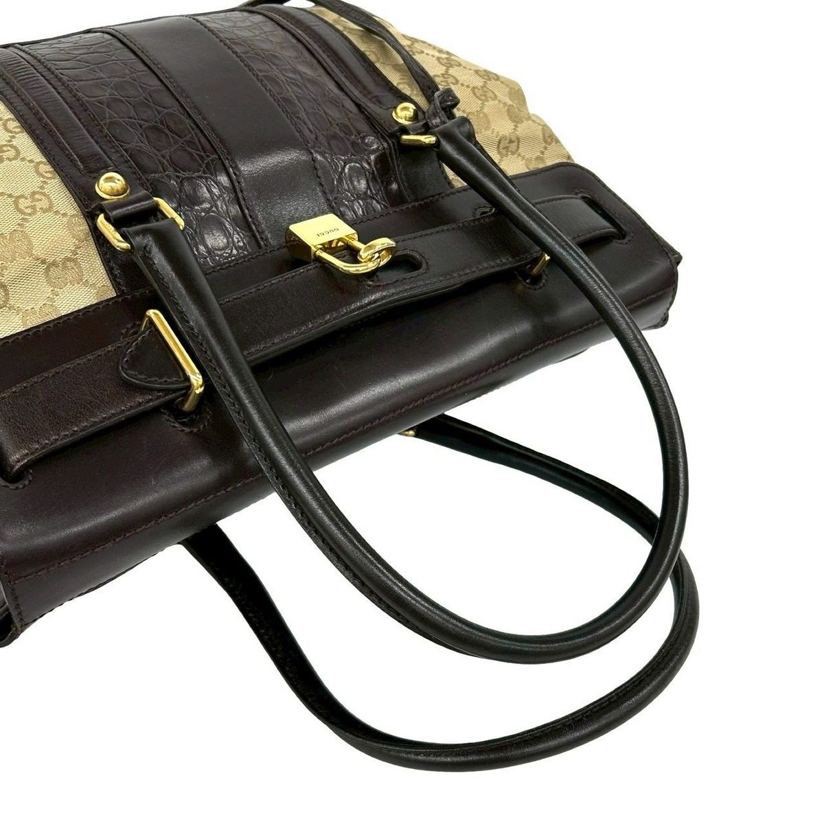 Gucci GG Canvas Croco Embossed Leather Tote Boston Bag Beige Brown — view 4