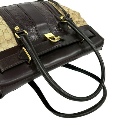 Gucci GG Canvas Croco Embossed Leather Tote Boston Bag Beige Brown — view 4