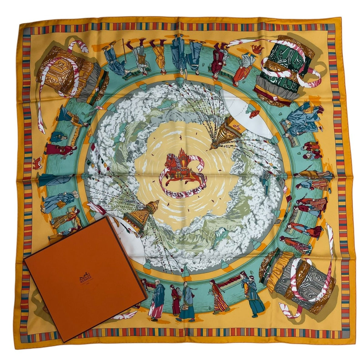 Hermes Carre 90 Scarf 100% Silk Prieres AU Vent Prayer in the Wind Yellow Box