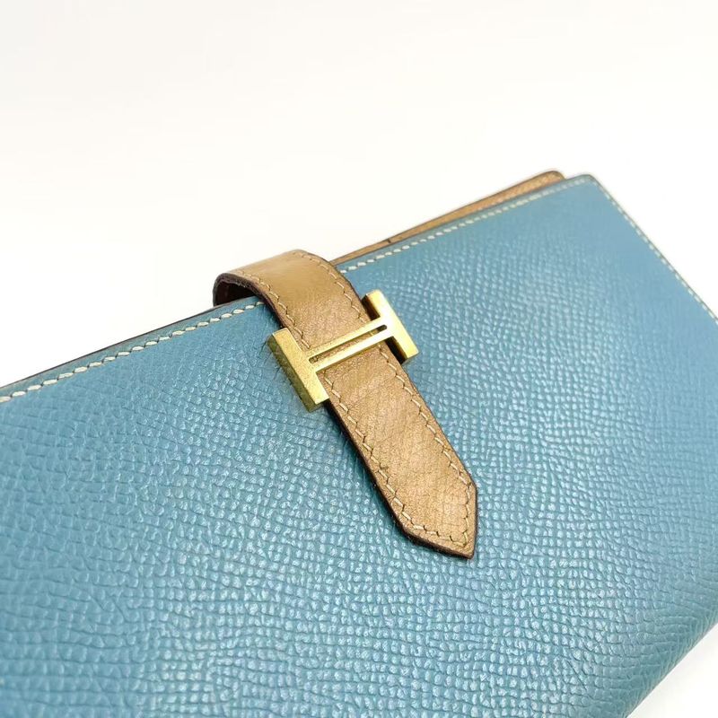 Hermes Bearn Souffle Stamped □L Leather Turquoise Blue And Light Brown Long