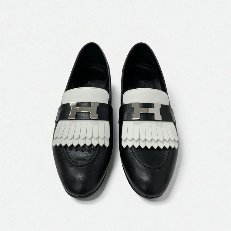 Hermes Royale Loafers Leather Shoes Black White Hhardware Fringe