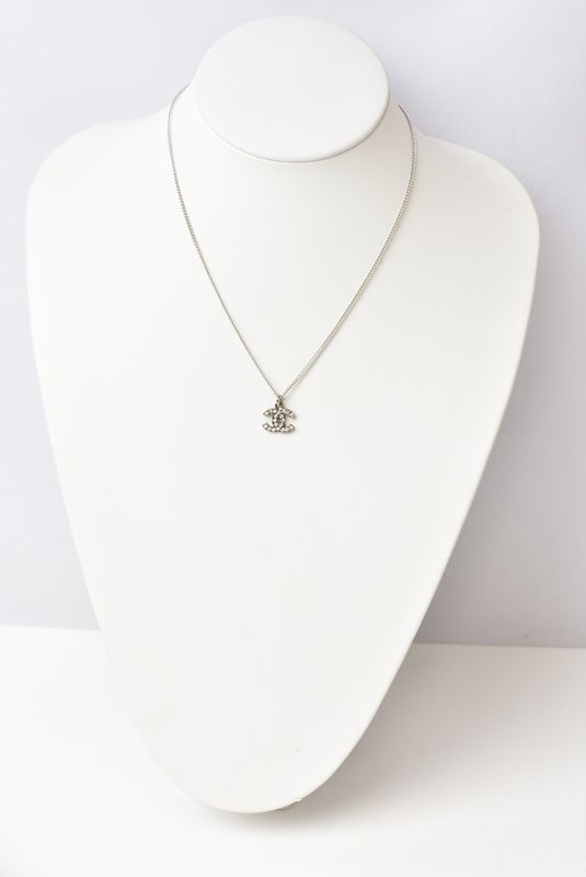 Chanel Necklace Pendant Chanel Coco Mark CC Rhinestone Silver White 230903