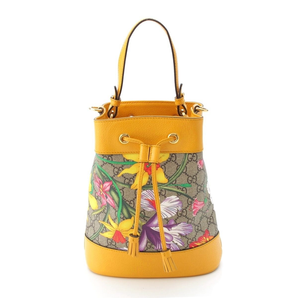 Gucci Leather GG Supreme Flora Shoulder Drawstring Handbag Yellow