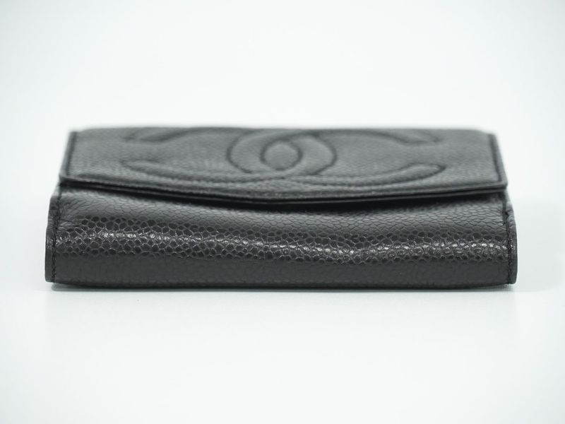 Authentic Chanel Coco Mark Fold Wallet Compact Wallet Caviar Skin Leather Black