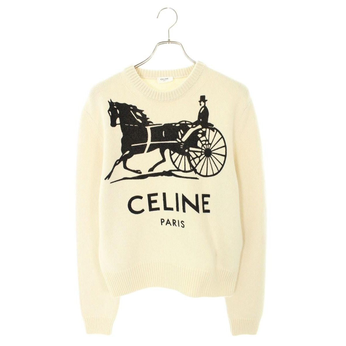 Celine Logo Embroidery Crew Neck Cashmere Knit Sweater White Black