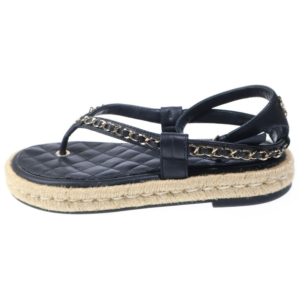 Chanel CC Logo Quilted Lambskin Leather Strap Flat Sandals Black