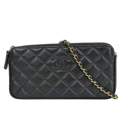 Chanel Shoulder Bag Chain Wallet Lamb Skin Black Gold Hardware Pochette
