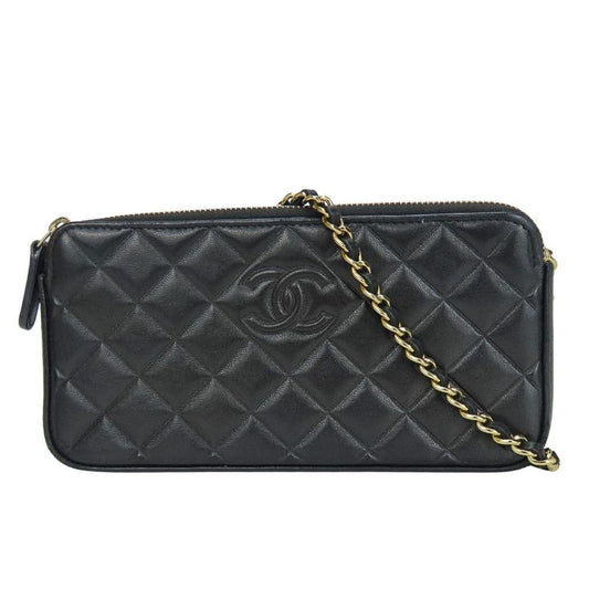Chanel Shoulder Bag Chain Wallet Lamb Skin Black Gold Hardware Pochette
