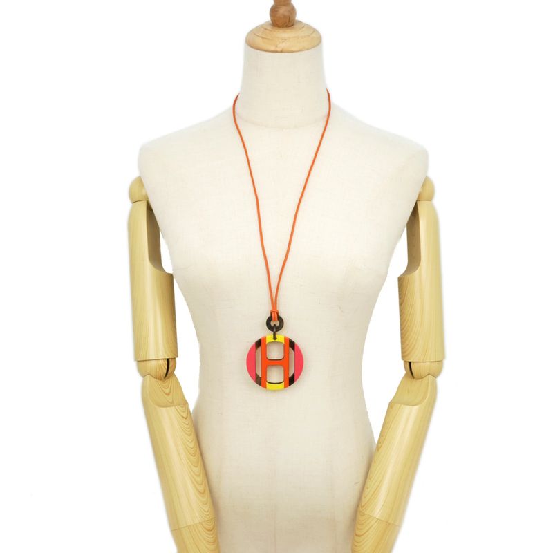 Hermes Necklace H Equipe Buffalo Horn Multicolor Pink Pendant Accessory