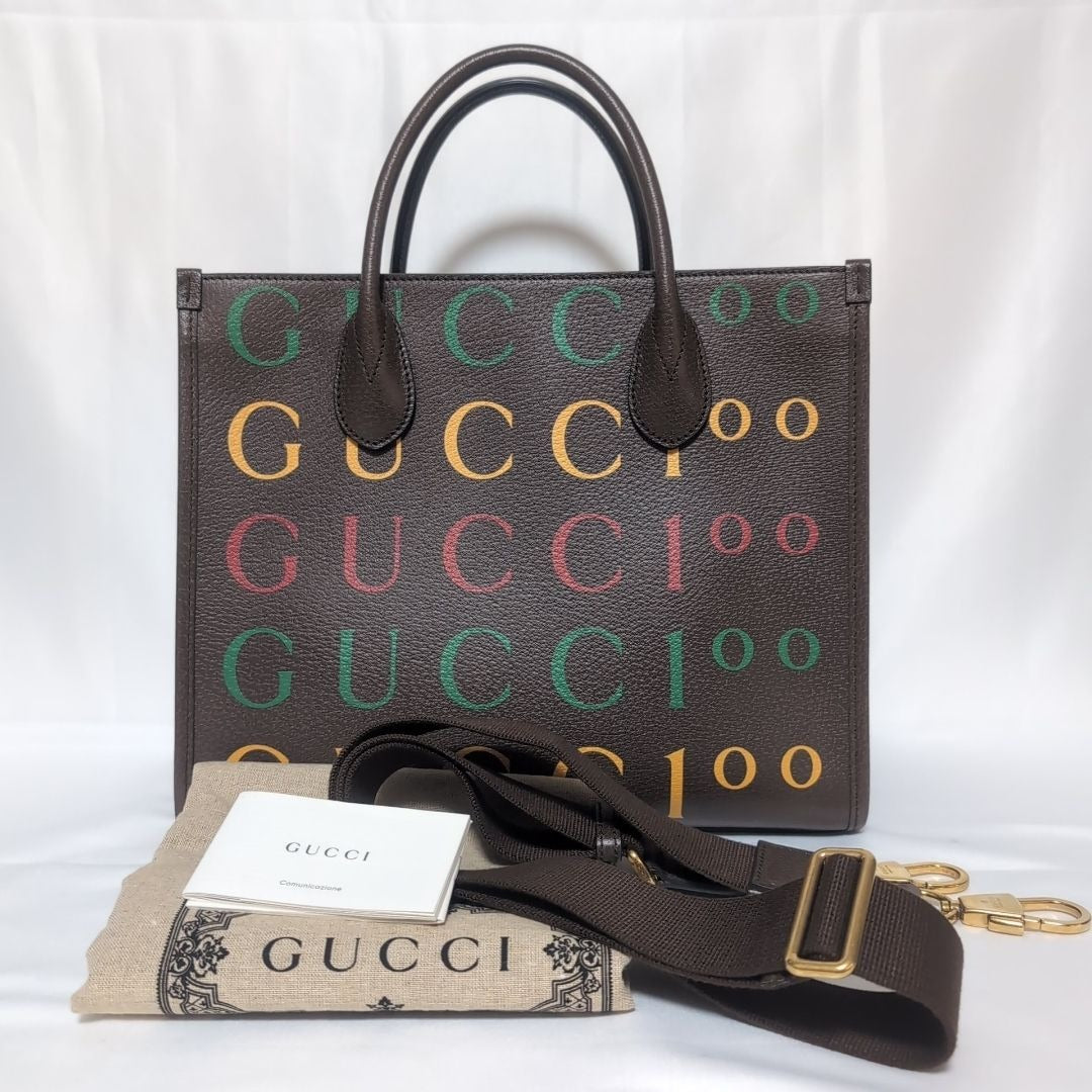 Gucci Leather Brown Logo Anniversary Tote