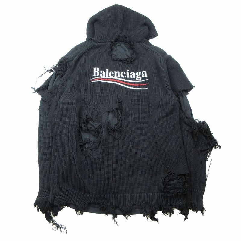 21aw Balenciaga 662718 T3212 Destroyed Knit Hoodie Black Campaign Logo XS