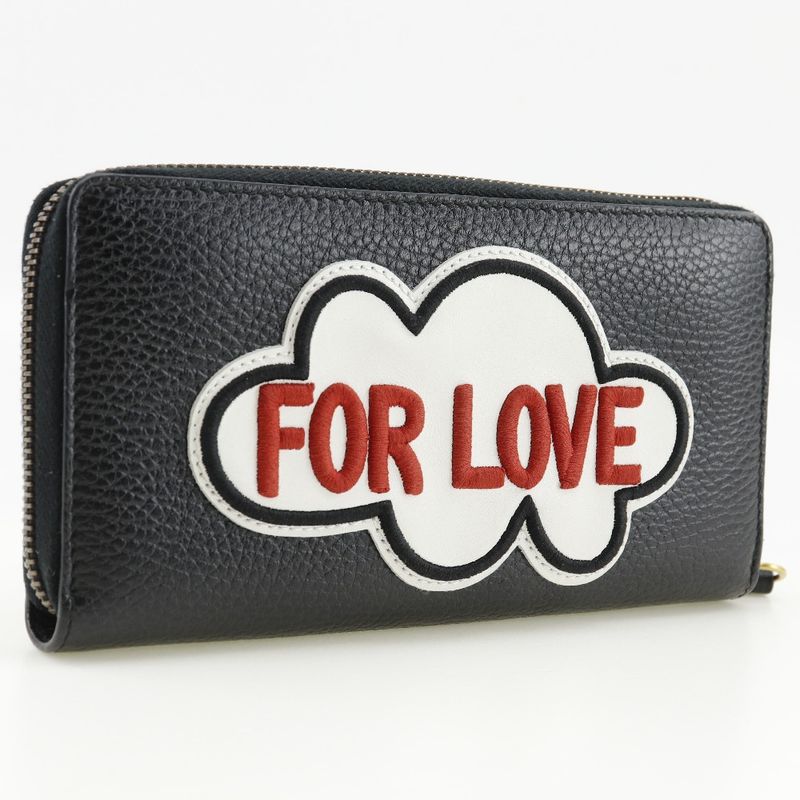 Gucci Round Zipper Embroidery GG Marmont 474584 Leather Black Unisex Long Wallet