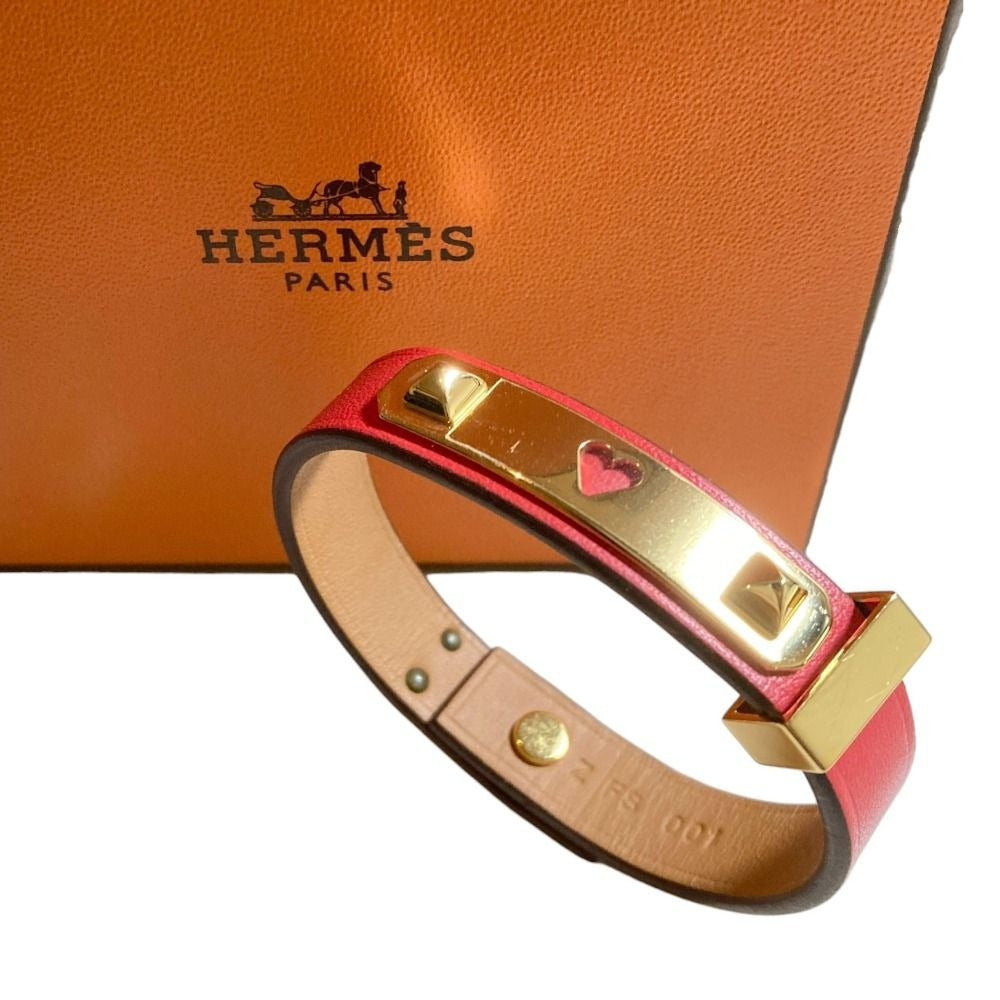 Hermes As de Coule Heart Motif Leather Bracelet T2 Red Gold Brand