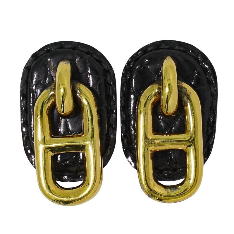Hermes Chaine D'ancre Earrings GP Gold Plated Leather Black Accessories