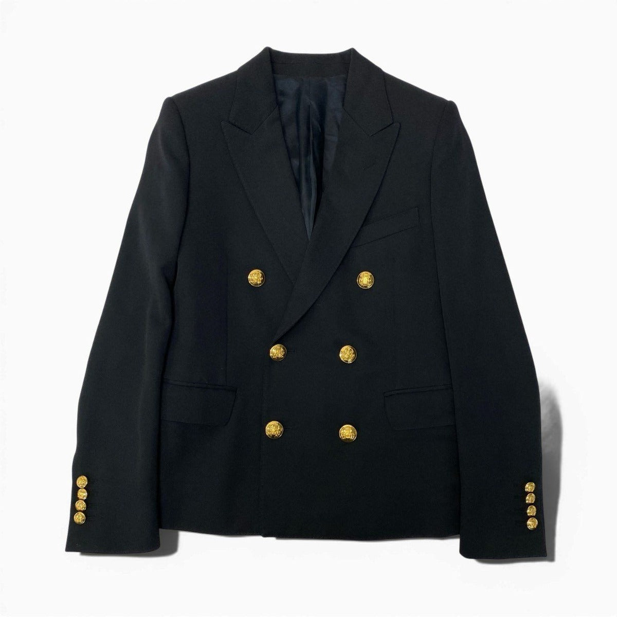 Celine Short Jacket in Diagonal Wool Double Tailored Gold Button 34 Black — view 2