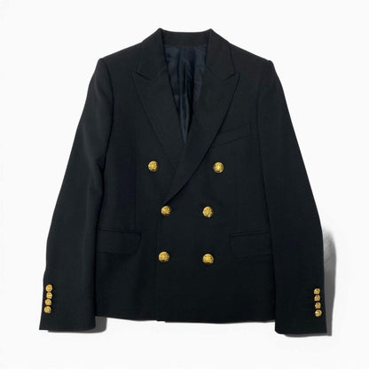Celine Short Jacket in Diagonal Wool Double Tailored Gold Button 34 Black — view 2