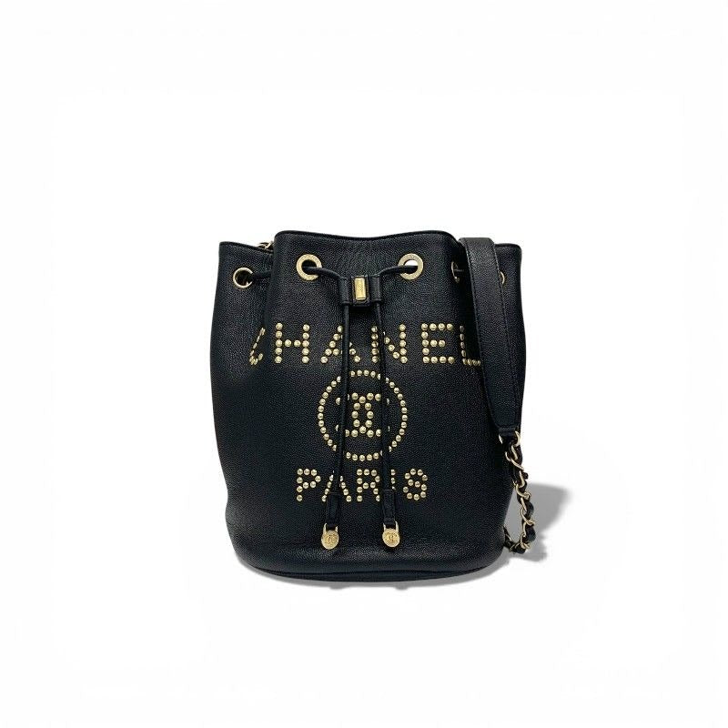 Chanel Bag Shoulder Caviar Leather Black Gold Deauville Logo Studs