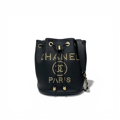 Chanel Bag Shoulder Caviar Leather Black Gold Deauville Logo Studs