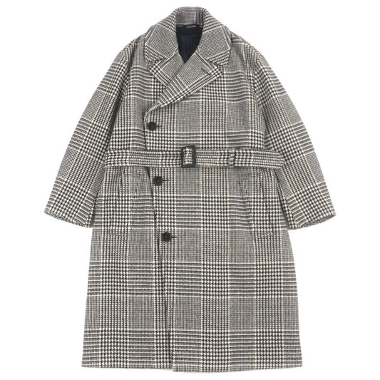 Hermes Wool Sheepskin Glen Check Belted Coat Brown 46 Genuine