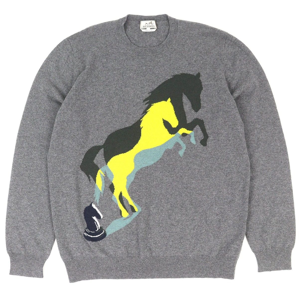Hermes Chess and Shadow Cashmere Horse Crew Neck Long Sleeve Knit Sweater Gray