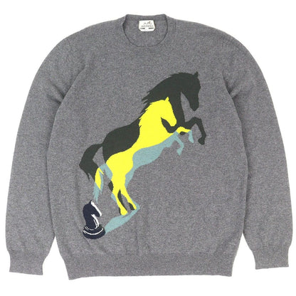 Hermes Chess and Shadow Cashmere Horse Crew Neck Long Sleeve Knit Sweater Gray