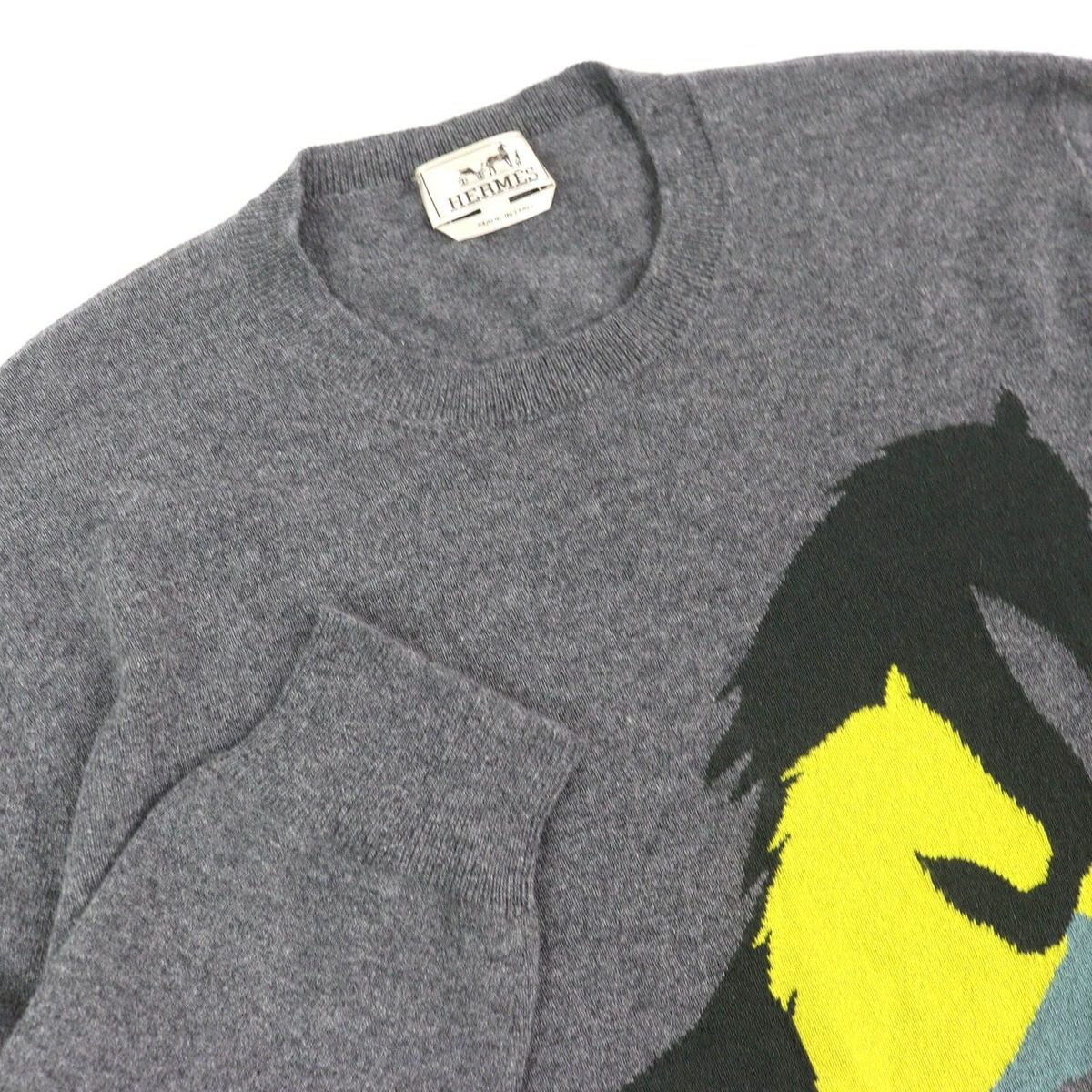 Hermes Chess and Shadow Cashmere Horse Crew Neck Long Sleeve Knit Sweater Gray — view 3