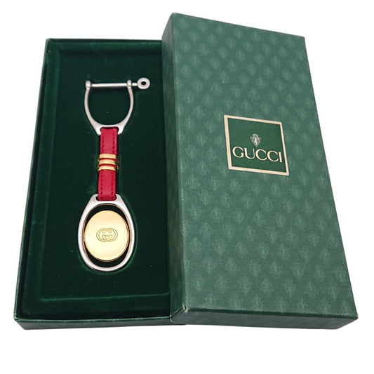 Gucci Vintage Key Holder Charm Leather Red Gold Silver