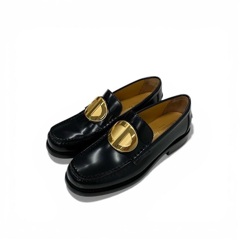 Dior Forever Loafers Leather Black Gold Cdlogo Plate Flat Shoes