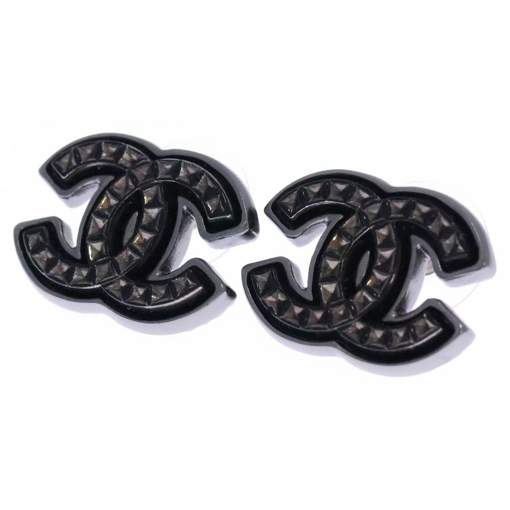 Chanel CC Logo Earrings Black Silver