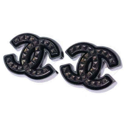 Chanel CC Logo Earrings Black Silver