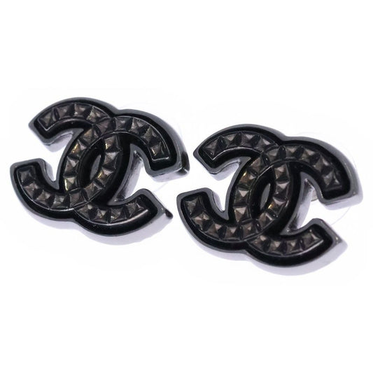 Chanel CC Logo Earrings Black Silver