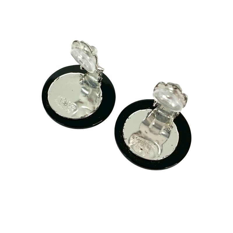Chanel Vintage Coco Mark Motif Plastic Plated Earrings Black 96A