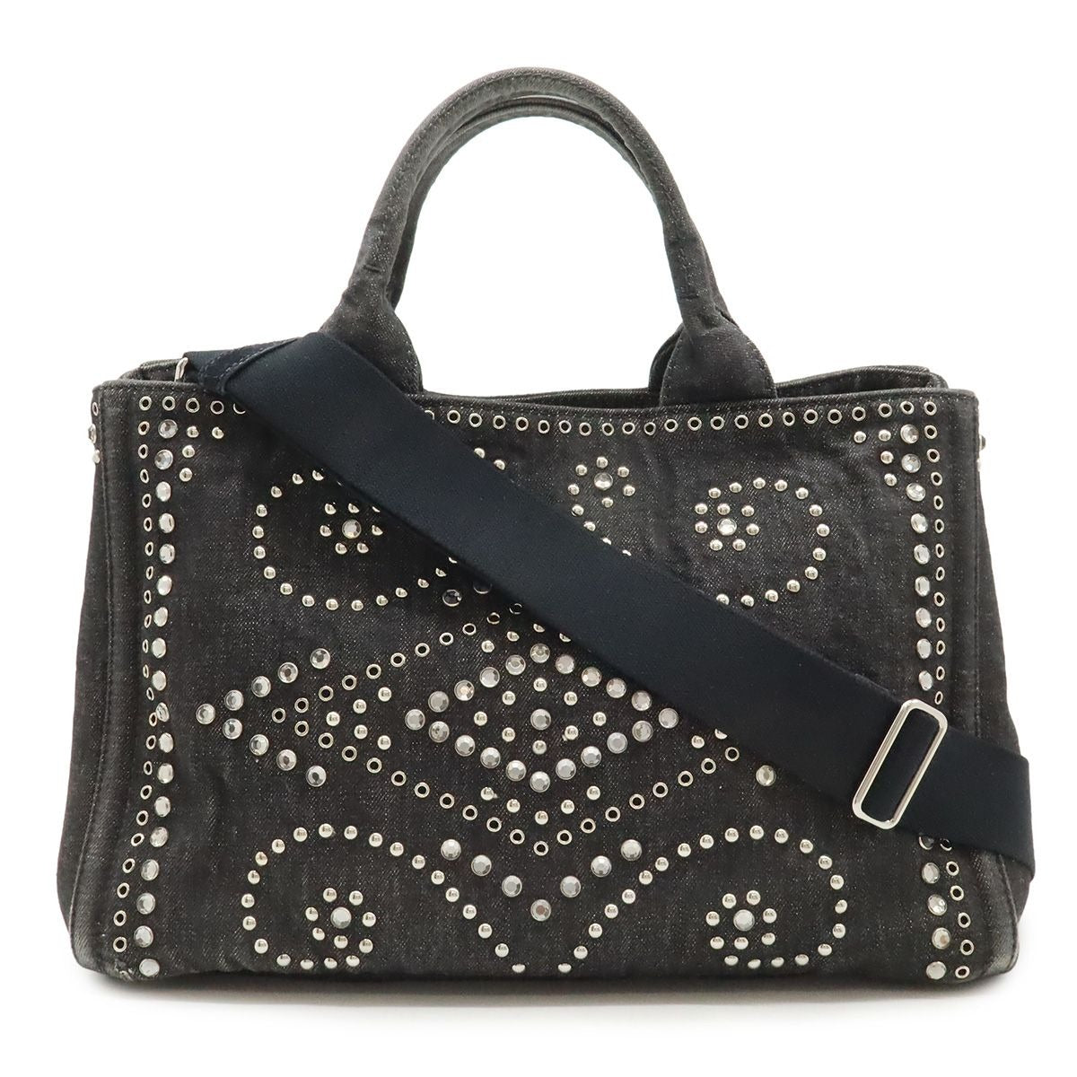 Prada Canapa Tote 2-Way Shoulder Bag Denim Visual Studs Nero Black Domestic