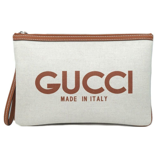 Gucci Clutch Logo Beige Handbag Wrist Strap Pouch Brown Silver