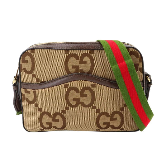 Gucci Jumbo GG Messenger Shoulder Bag Canvas Leather Camel Ebony