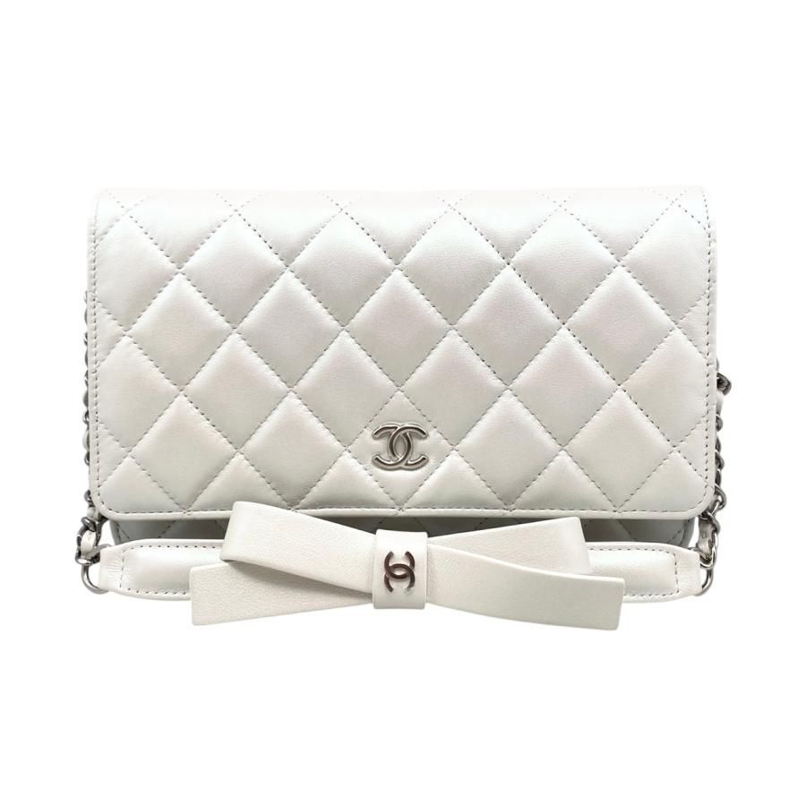 Chanel Shoulder Bag Ribbon Chain Wallet Matelasse Lambskin Coco Mark Pearly