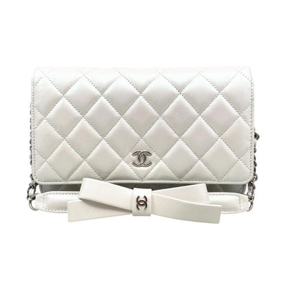 Chanel Shoulder Bag Ribbon Chain Wallet Matelasse Lambskin Coco Mark Pearly