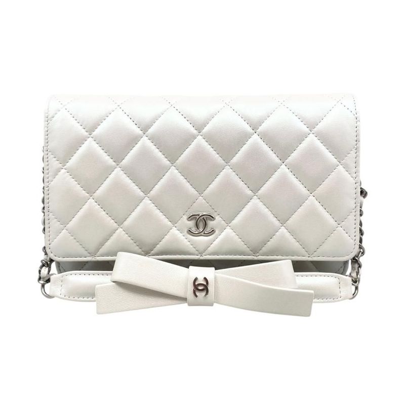 Chanel Shoulder Bag Ribbon Chain Wallet Matelasse Lambskin Coco Mark Pearly